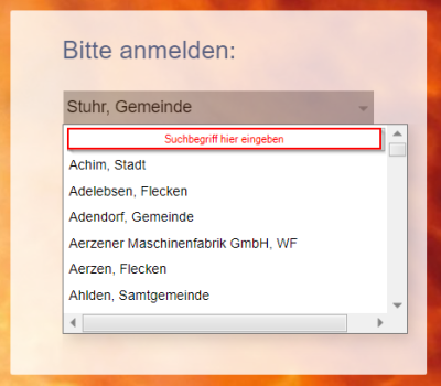 Suchmaske für die Organisation während der Anmeldung